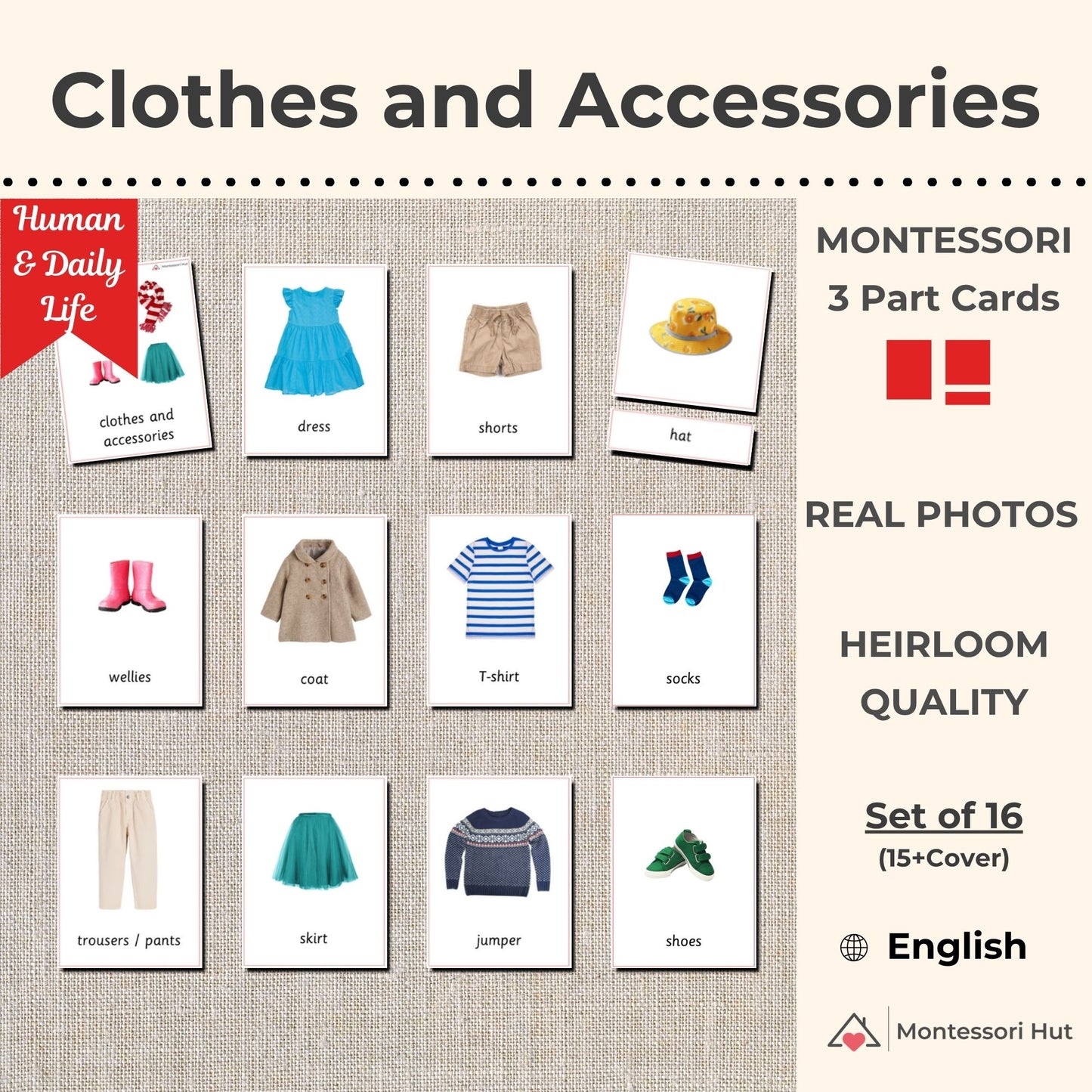 Clothes and Accessories Montessori 3 Part Cards - 12 Sets