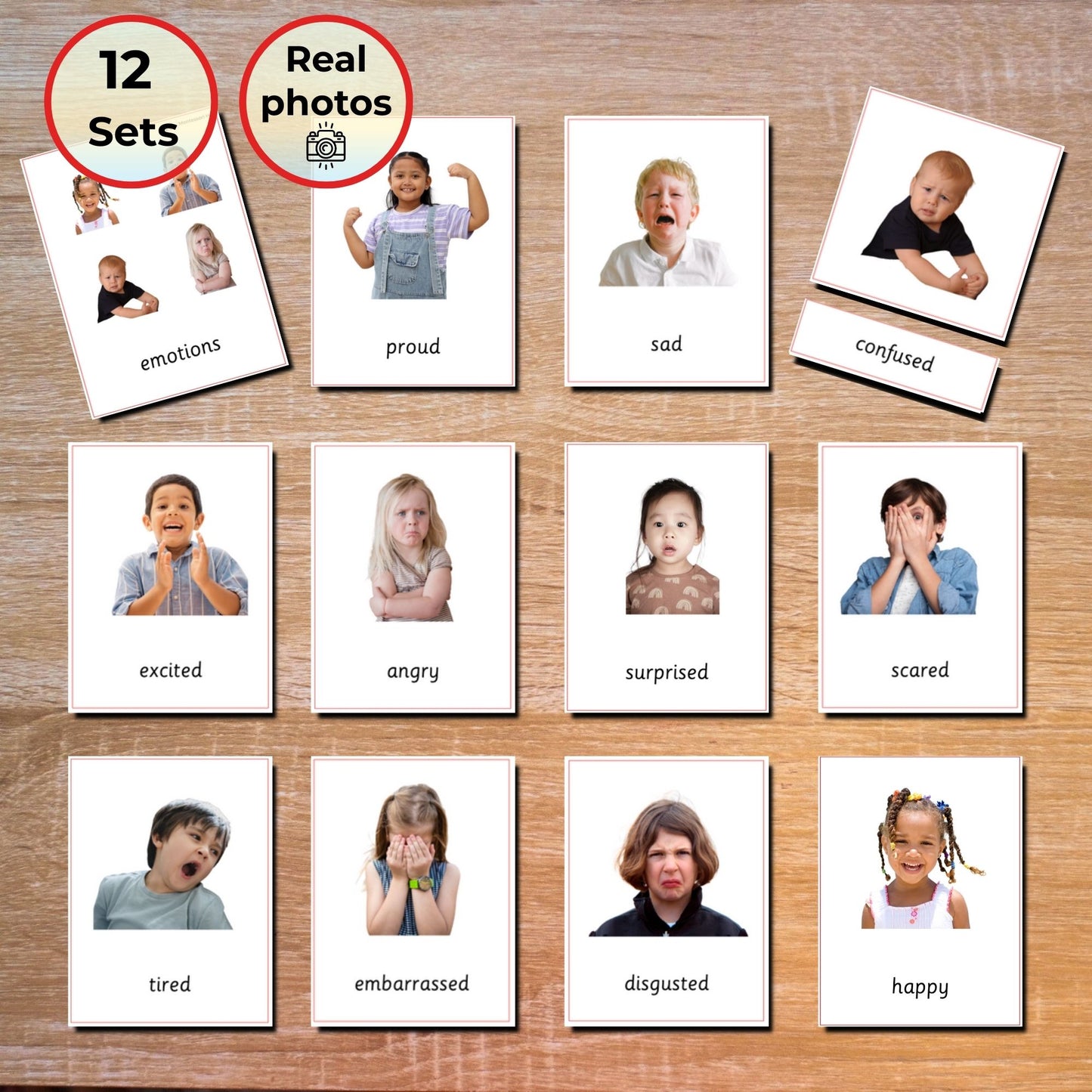 Emotions Handmade Premium Montessori 3 Part Cards - Building Emotional Intelligence and Vocabulary - 12 Sets