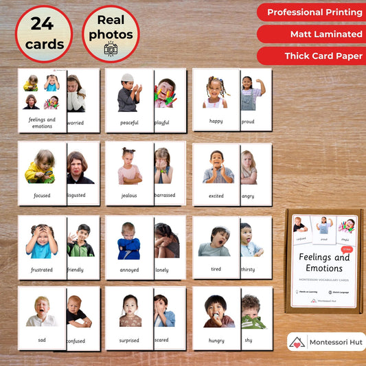Feelings and Emotions Vocabulary Cards | Flash Cards | Handmade Premium Montessori 3 Part Cards - Building Emotional Intelligence and Vocabulary - 24 Cards