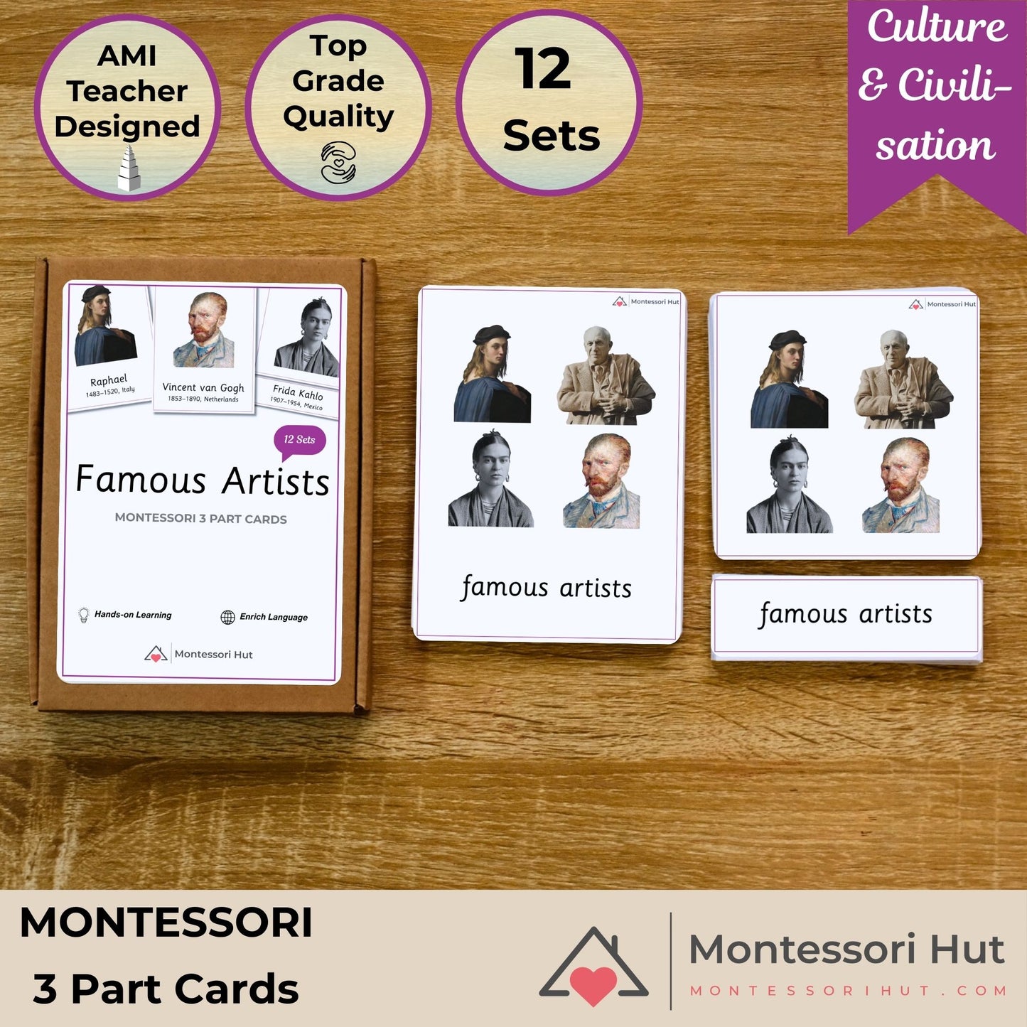 Famous Artists - From Renaissance to Cubism - Handmade Premium Montessori 3 Part Cards - 12 Sets