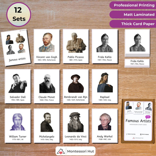 Famous Artists - From Renaissance to Cubism - Handmade Premium Montessori 3 Part Cards - 12 Sets