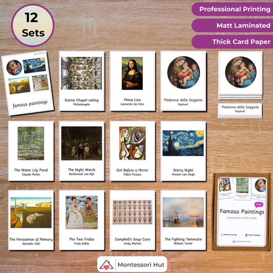Famous Paintings - From Renaissance to Cubism - Handmade Premium Montessori 3 Part Cards - 12 Sets