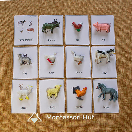 11 Farm Animals Montessori Matching Nomenclature Cards with Miniature Figures