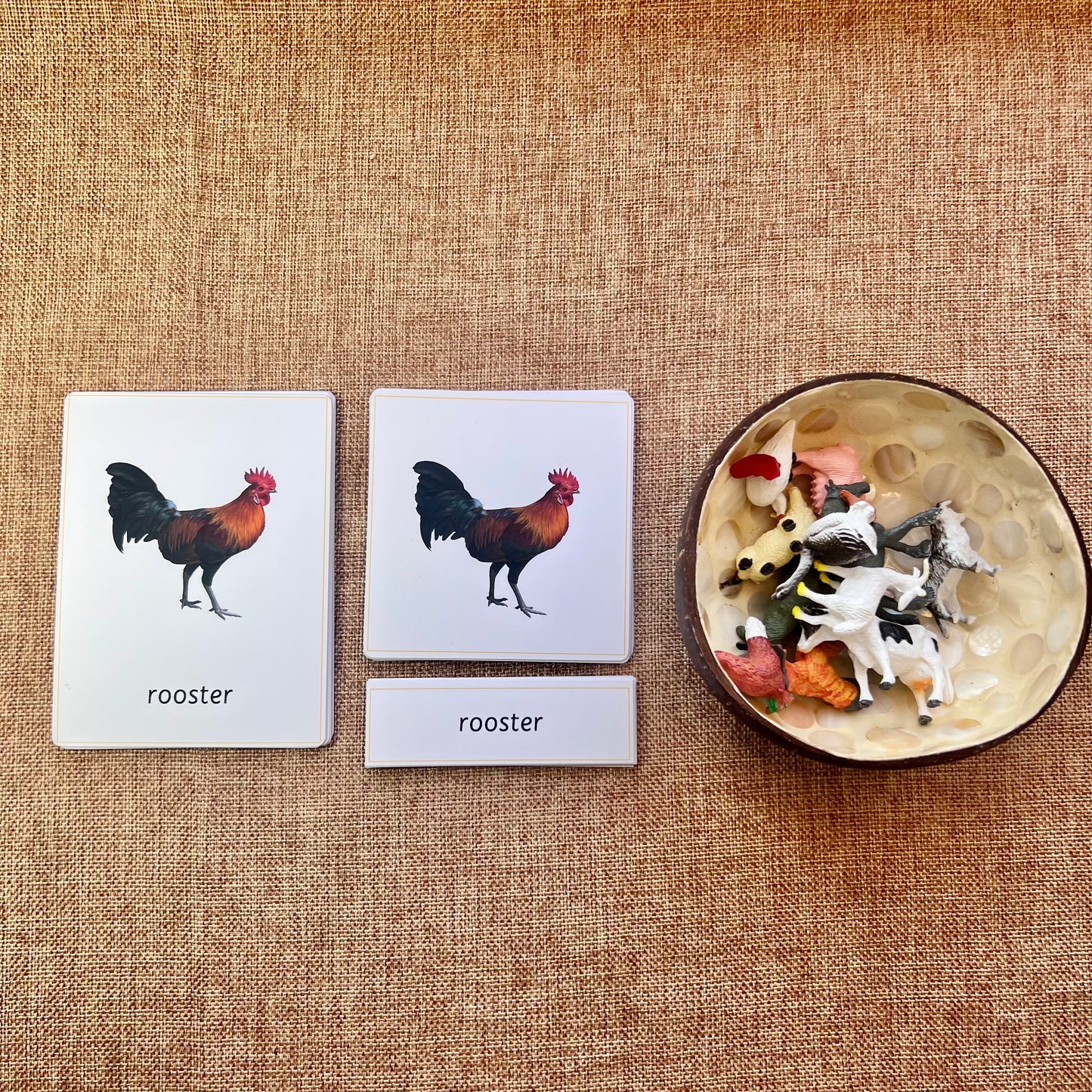 11 Farm Animals Montessori 3 Part Cards with Matching Miniature Figures- Montessori Education Activity for Home, Classrooms and Homeschools