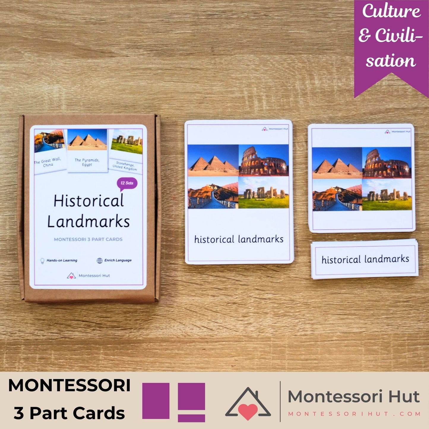Montessori 3 Part Cards for historical landmarks on a wooden surface with Montessori Hut branding.