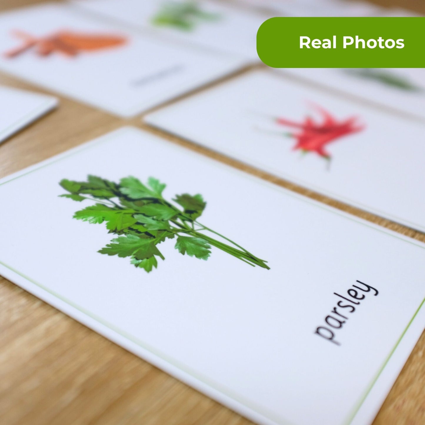 Flashcard with parsley illustration and 'parsley' text on a wooden surface