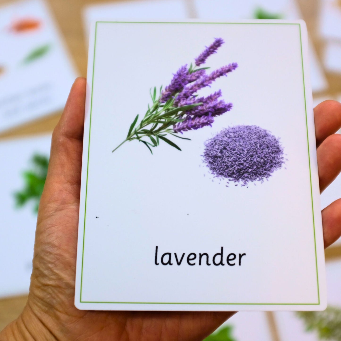 Card with lavender illustration and text held by a hand