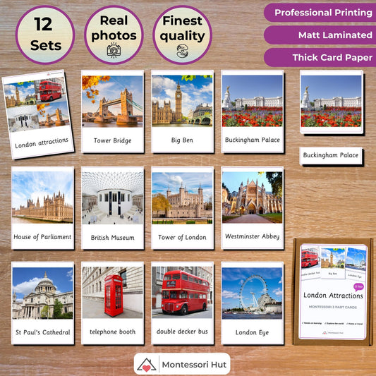 12 London Attractions Montessori 3 Part Cards - Handmade Premium Quality Educational Language Activity for Families, Montessori and Homeschools
