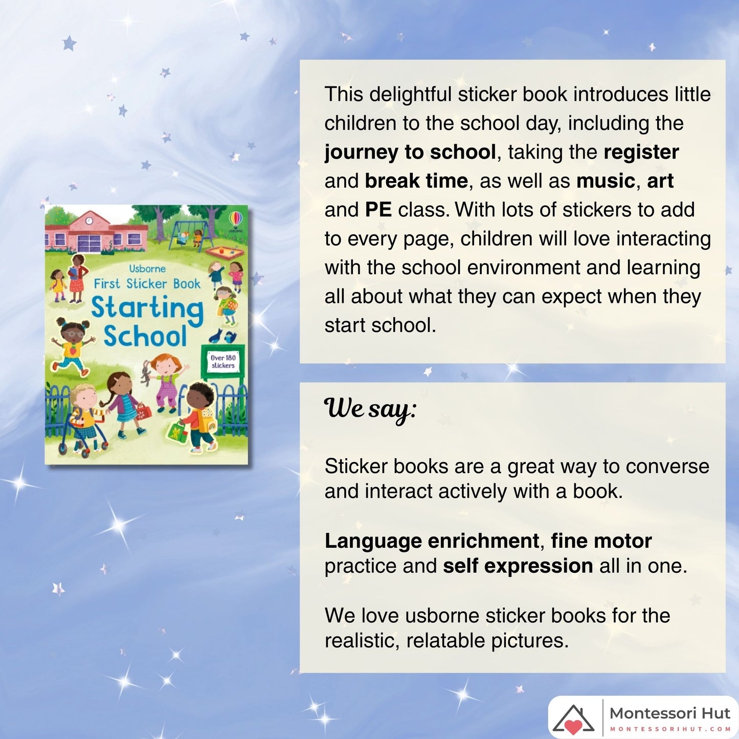 Starting School Montessori Book Bundle - Story Book and Usborne Sticker Book - Gift Option available