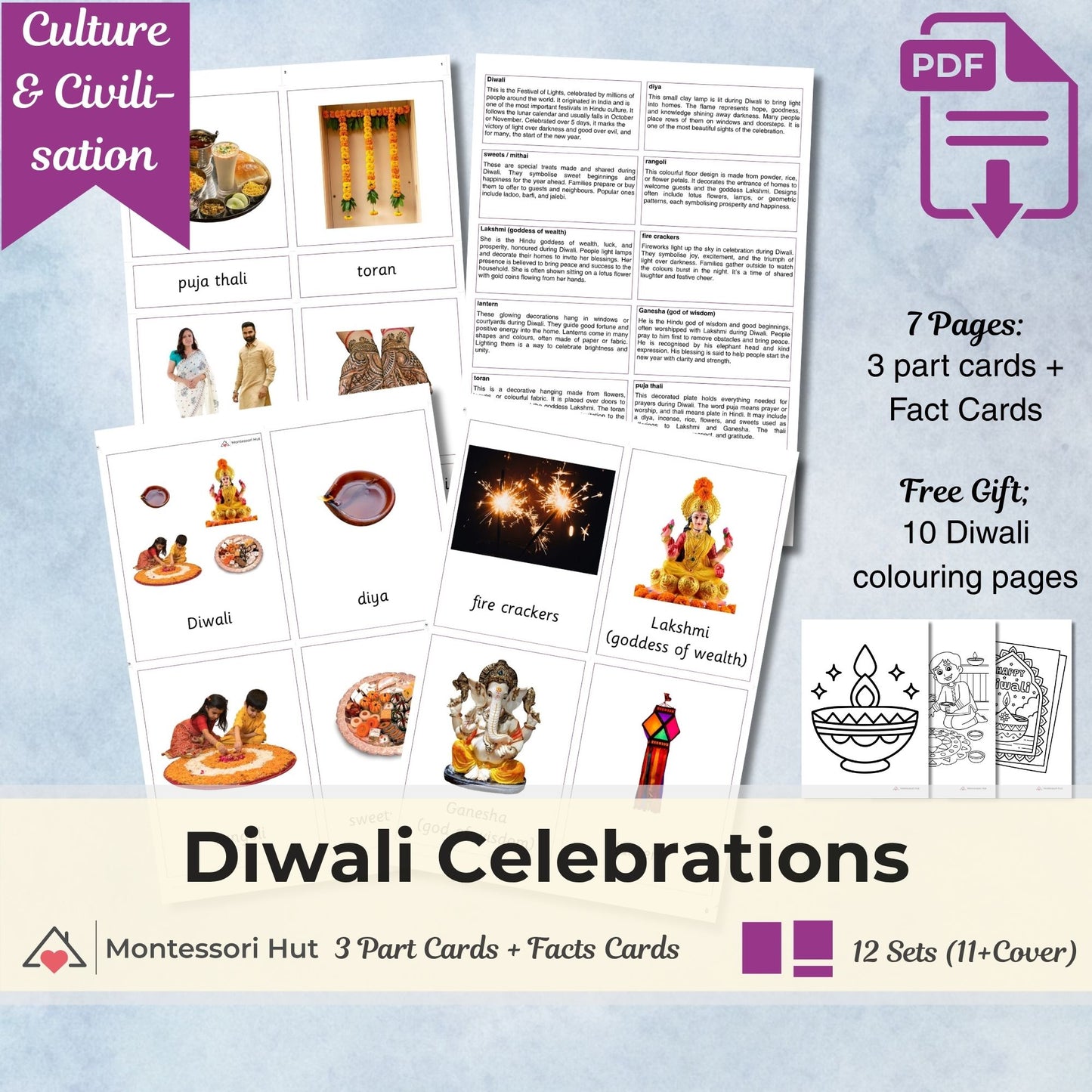 Diwali Customs and Traditions Montessori 3 Part Cards | Digital Download | 10 Free Colouring Pages | Printable