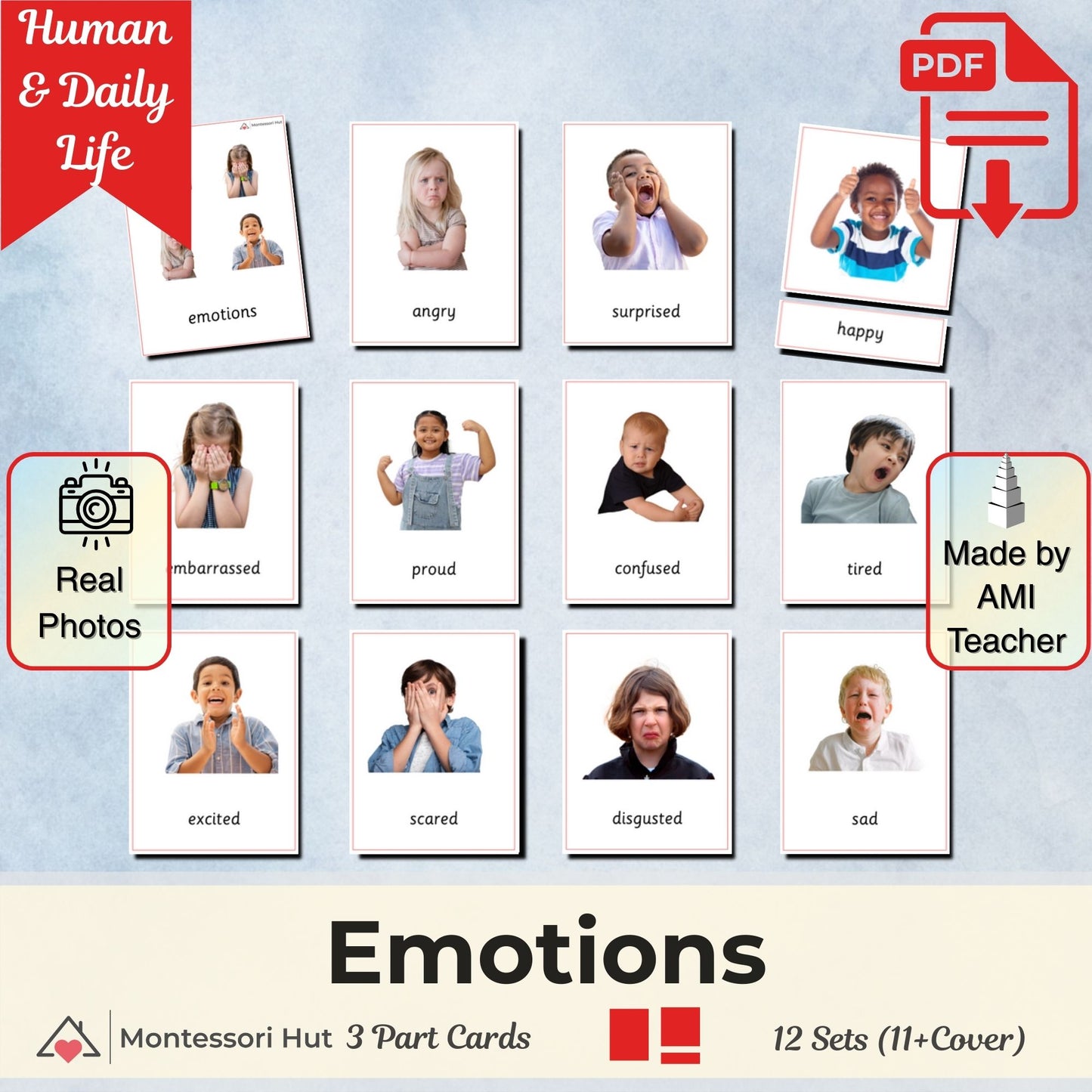Emotions Montessori 3 Part Cards | Digital Download | Printable