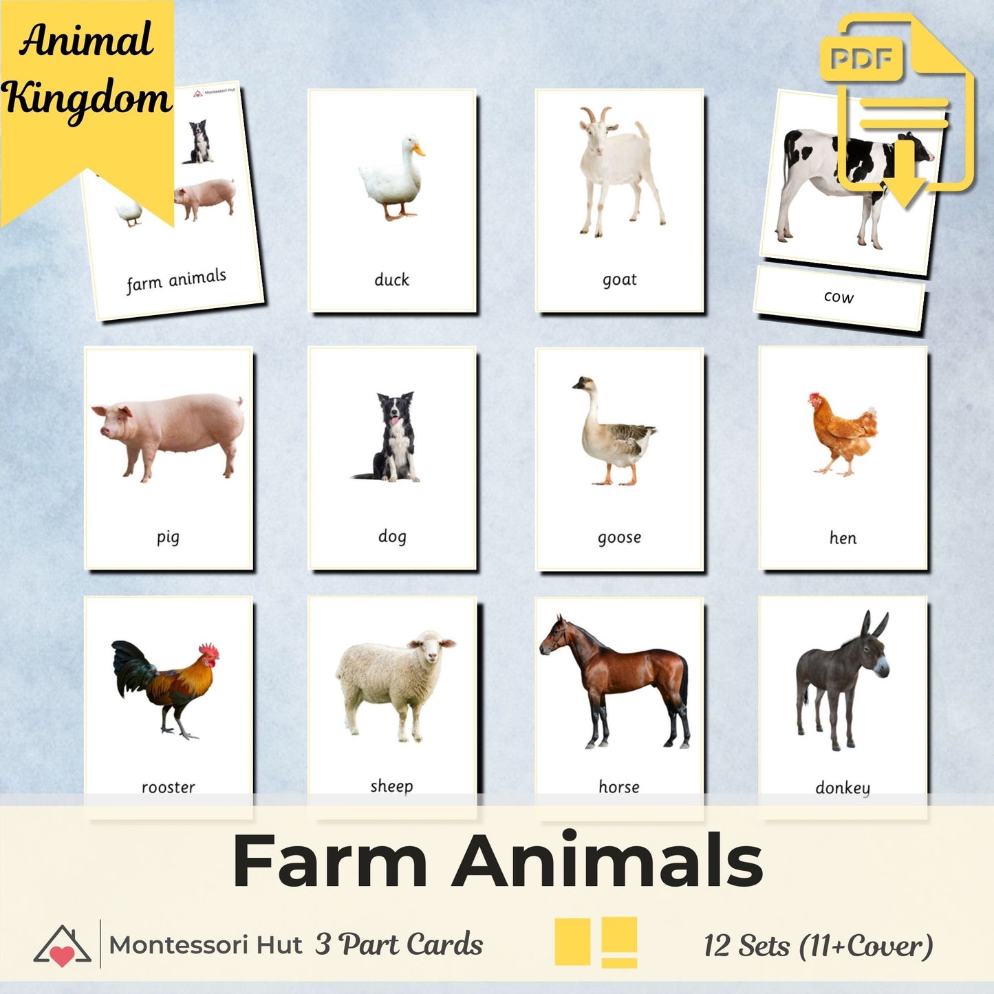 Farm Animals Montessori 3 Part Cards with Fact Cards | Digital Download | Printable