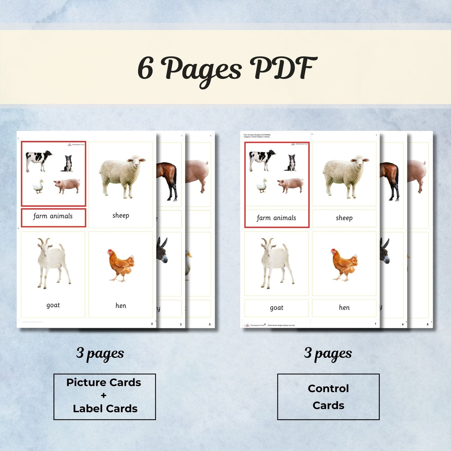 Farm Animals Montessori 3 Part Cards with Fact Cards | Digital Download | Printable
