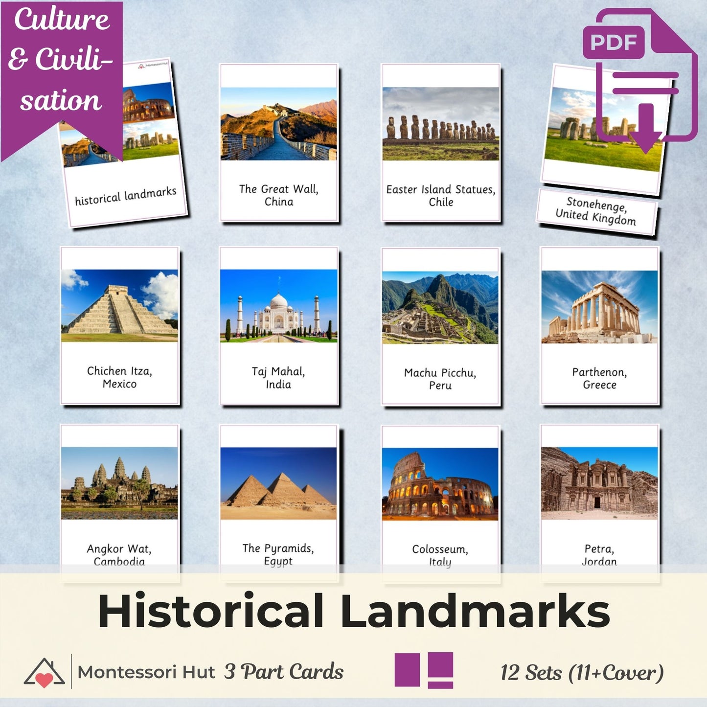 Historical Landmarks Montessori 3 Part Cards | Digital Download | Printable