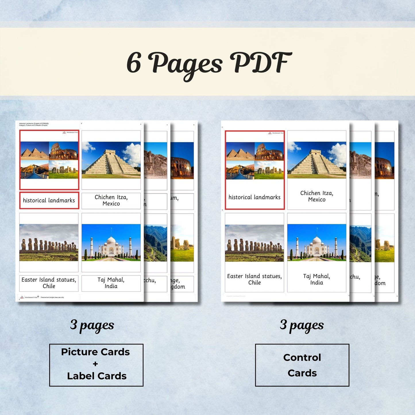 Historical Landmarks Montessori 3 Part Cards | Digital Download | Printable