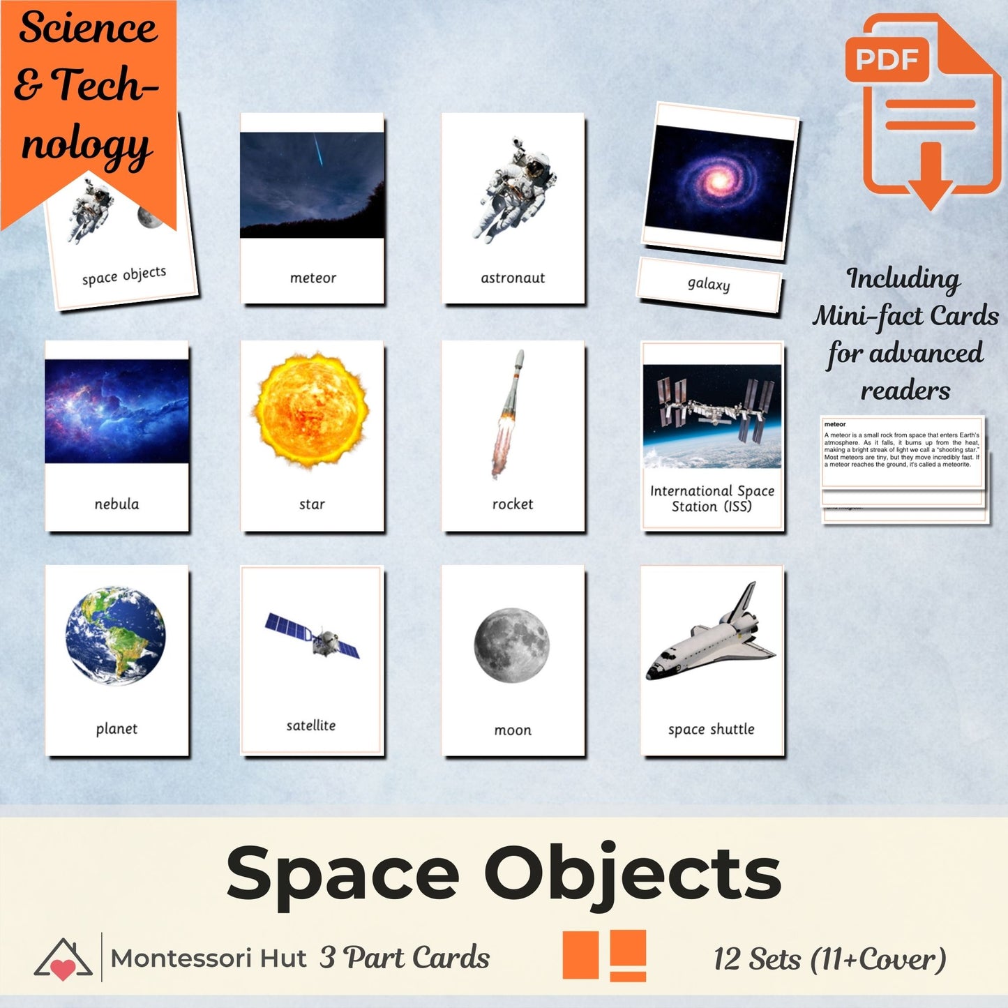 Space Objects Montessori 3 Part Cards with Fact Cards | Digital Download | Printable