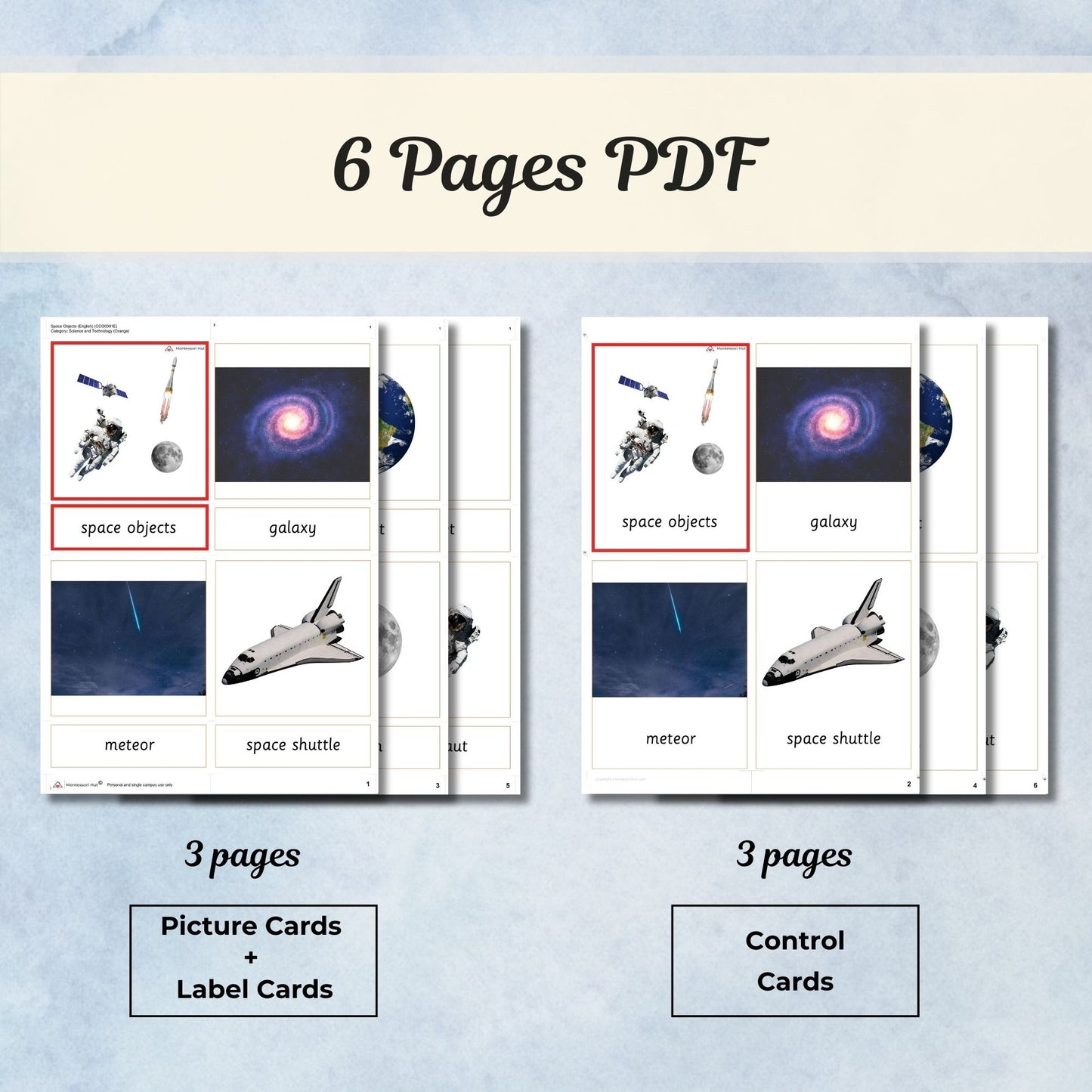 Space Objects Montessori 3 Part Cards with Fact Cards | Digital Download | Printable