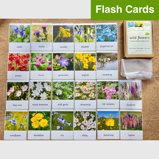 24 Wild Flowers Flash Cards with Facts - Handmade Premium Quality Educational Language Activity for Forest School, Montessori and Homeschools