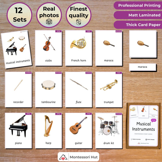 Musical Instruments - Instruments Only - Handmade Premium Montessori 3 Part Cards - 12 Sets