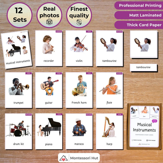 Musical Instruments Handmade Premium Montessori 3 Part Cards - Real Photos - 12 Sets