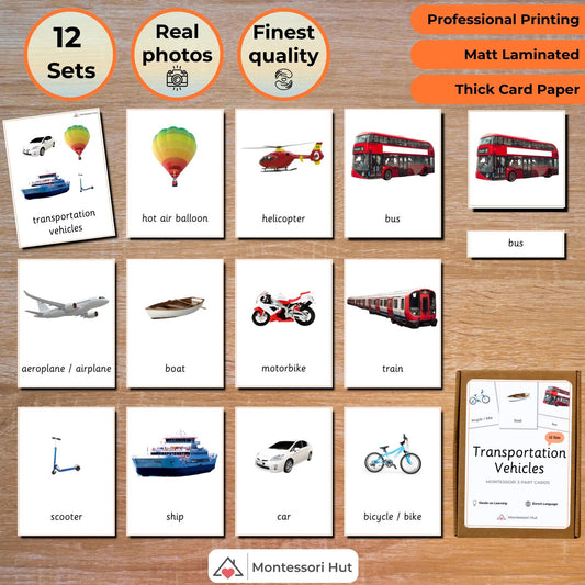 Transportation Vehicles Montessori 3 Part Cards - Handmade Premium Quality - Card Paper Matt Laminated - Educational Vocabulary Cards - 12 Sets