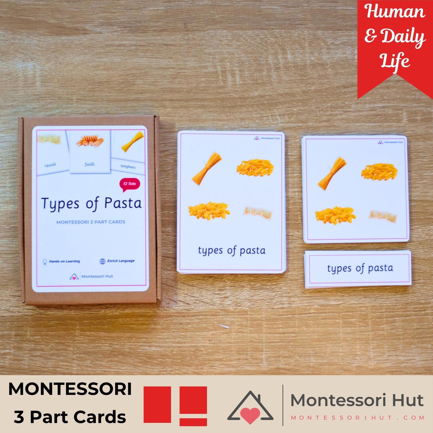 Montessori 3 Part Cards for types of pasta on a wooden surface with Montessori Hut branding.