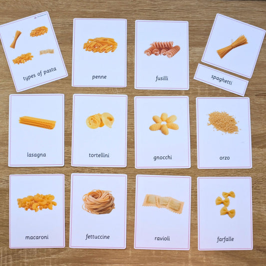 Montessori 3 Part Cards Nomenclature Cards showing different types of pasta with images and labels on a wooden surface.