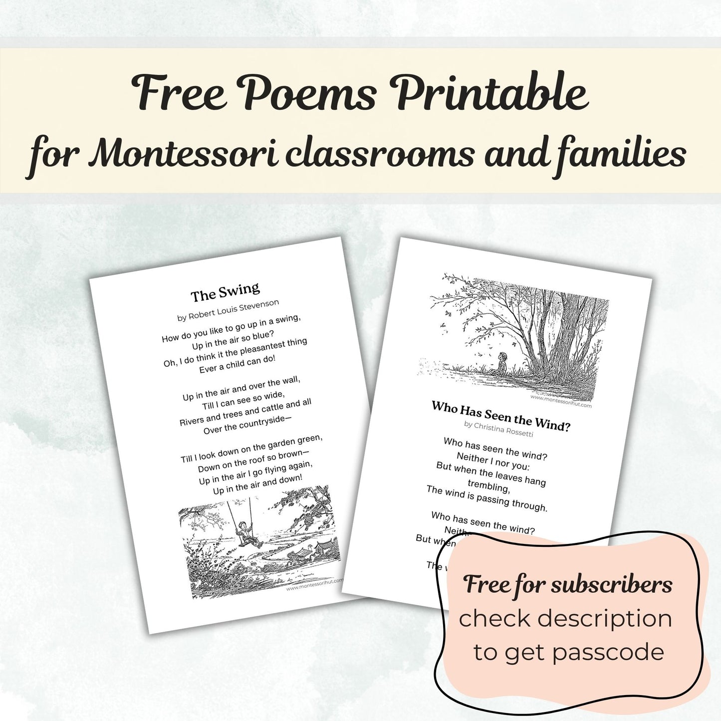 Two printable poems for Montessori classrooms and families on a light background