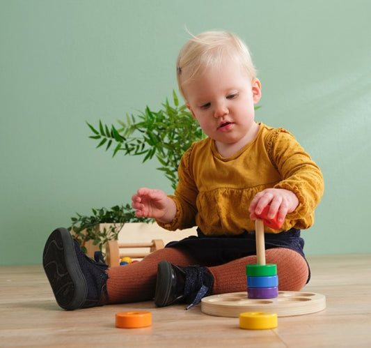 Wooden Colourful Stacking Rings on Dowel with Tray - From 11 months - SHIPS FROM NETHERLAND