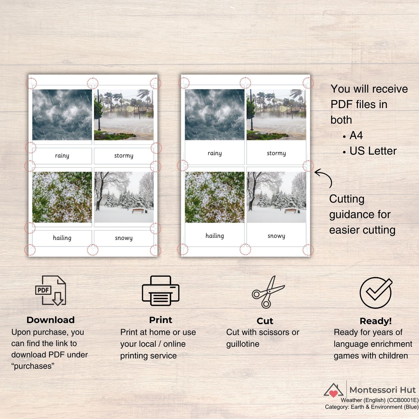 15 Weather Montessori 3 Part Cards|Nomenclature Cards|PDF Educational Flashcards Preschool, Homeschool, Classroom Learning Resources|Vocab