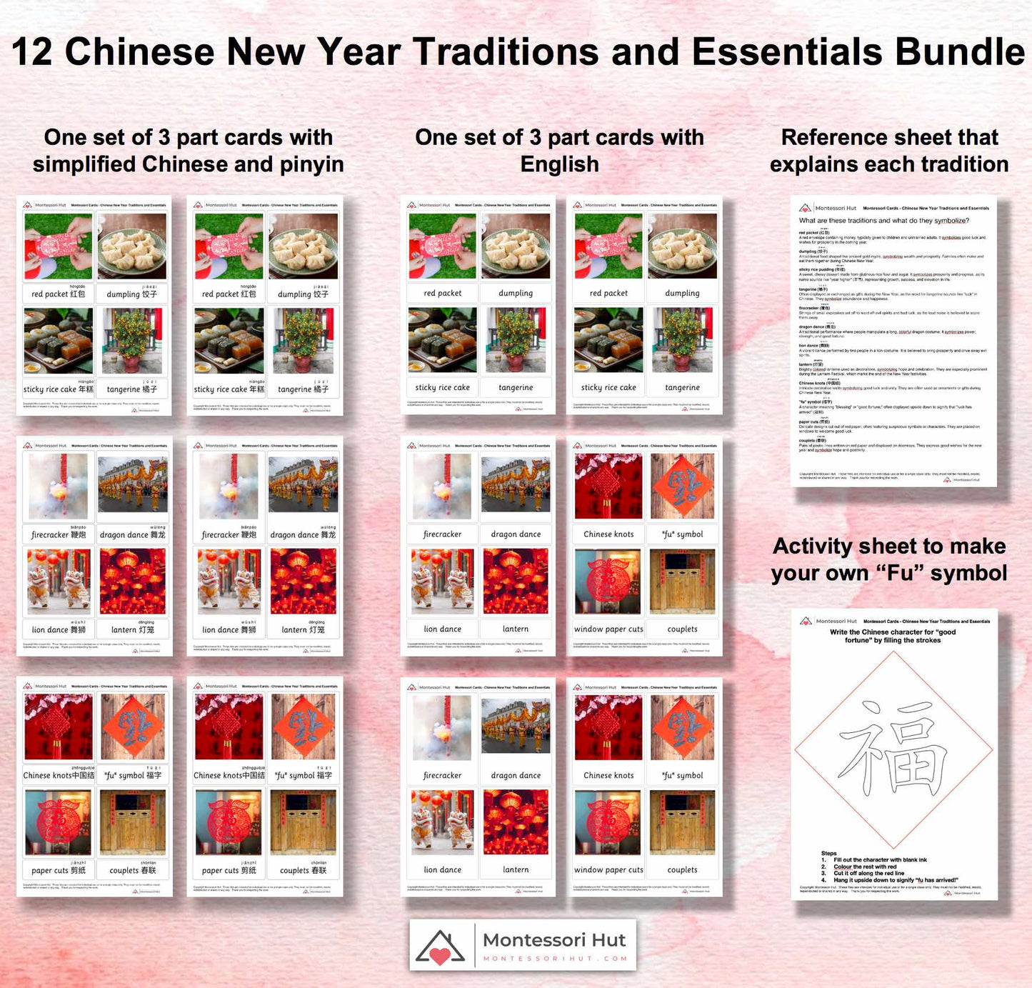 Chinese New Year / Lunar New Year Montessori Language Bundle - 3 Part Cards + Information Sheet on each tradition + Activity Sheet