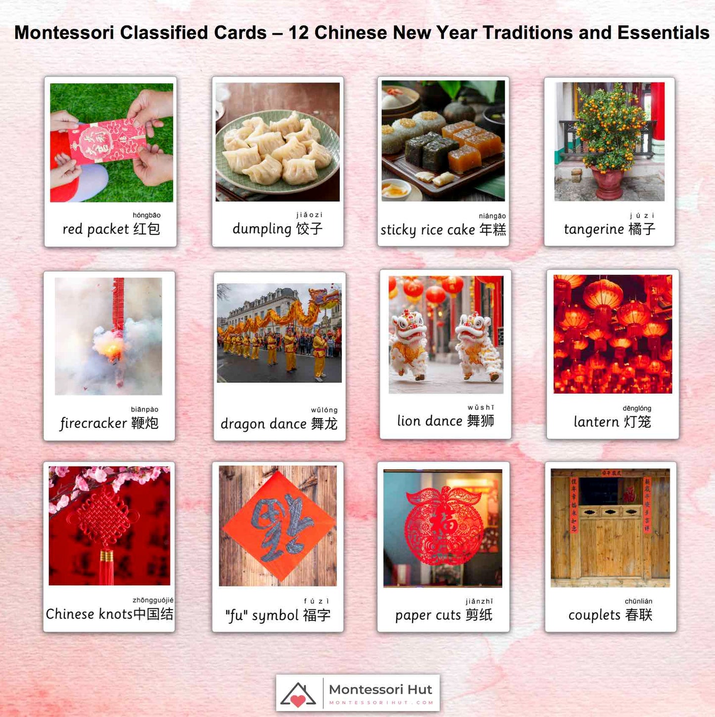 Chinese New Year / Lunar New Year Montessori Language Bundle - 3 Part Cards + Information Sheet on each tradition + Activity Sheet