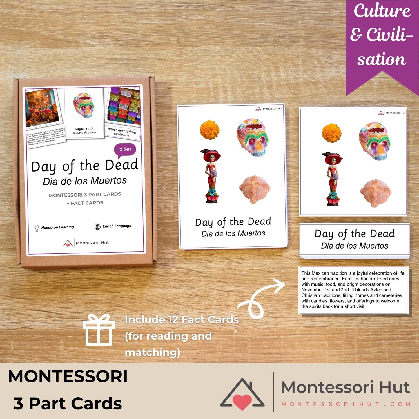 Montessori educational material on Day of the Dead with cards and fact cards on a wooden surface.