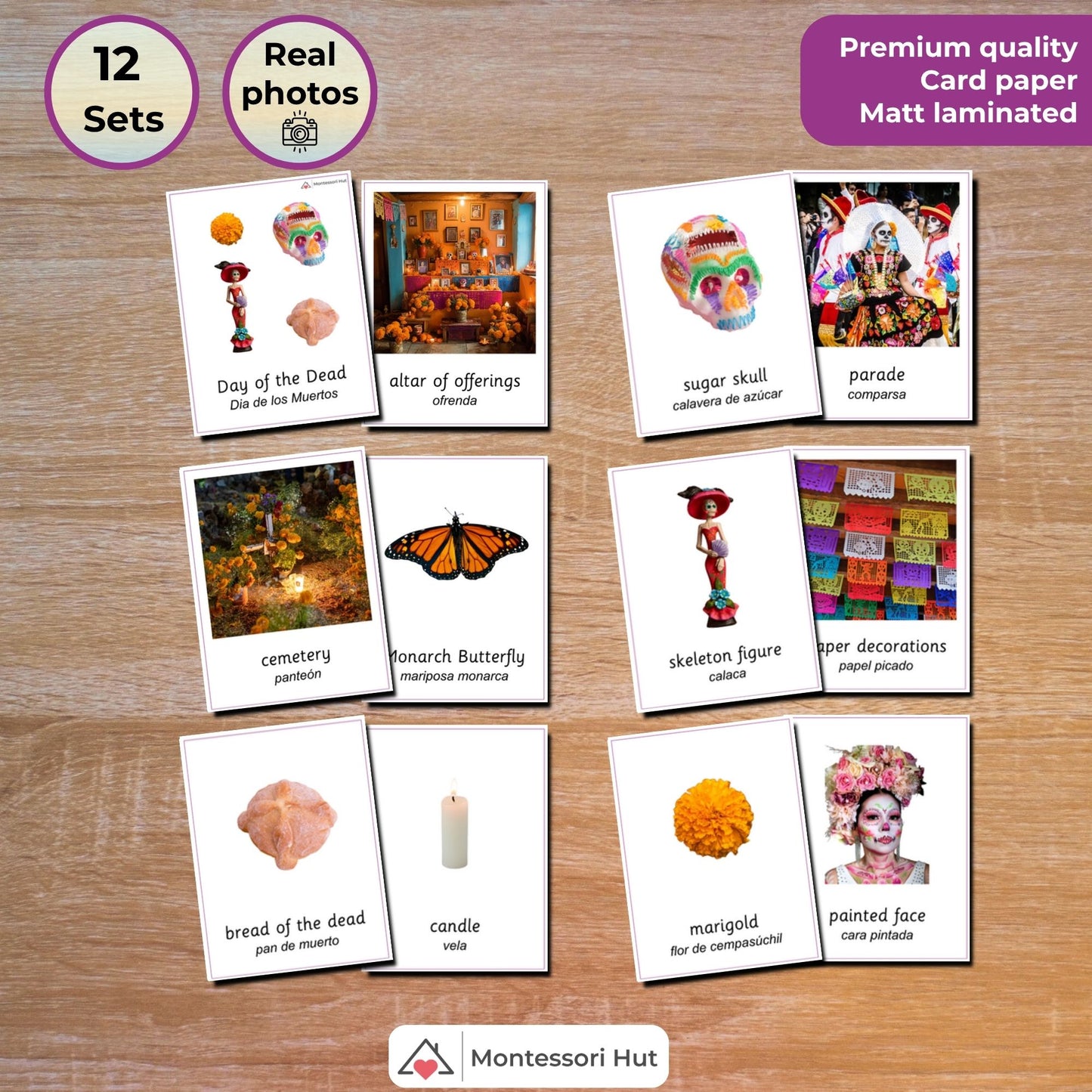 Set of educational cards on a wooden surface with Montessori Hut branding.