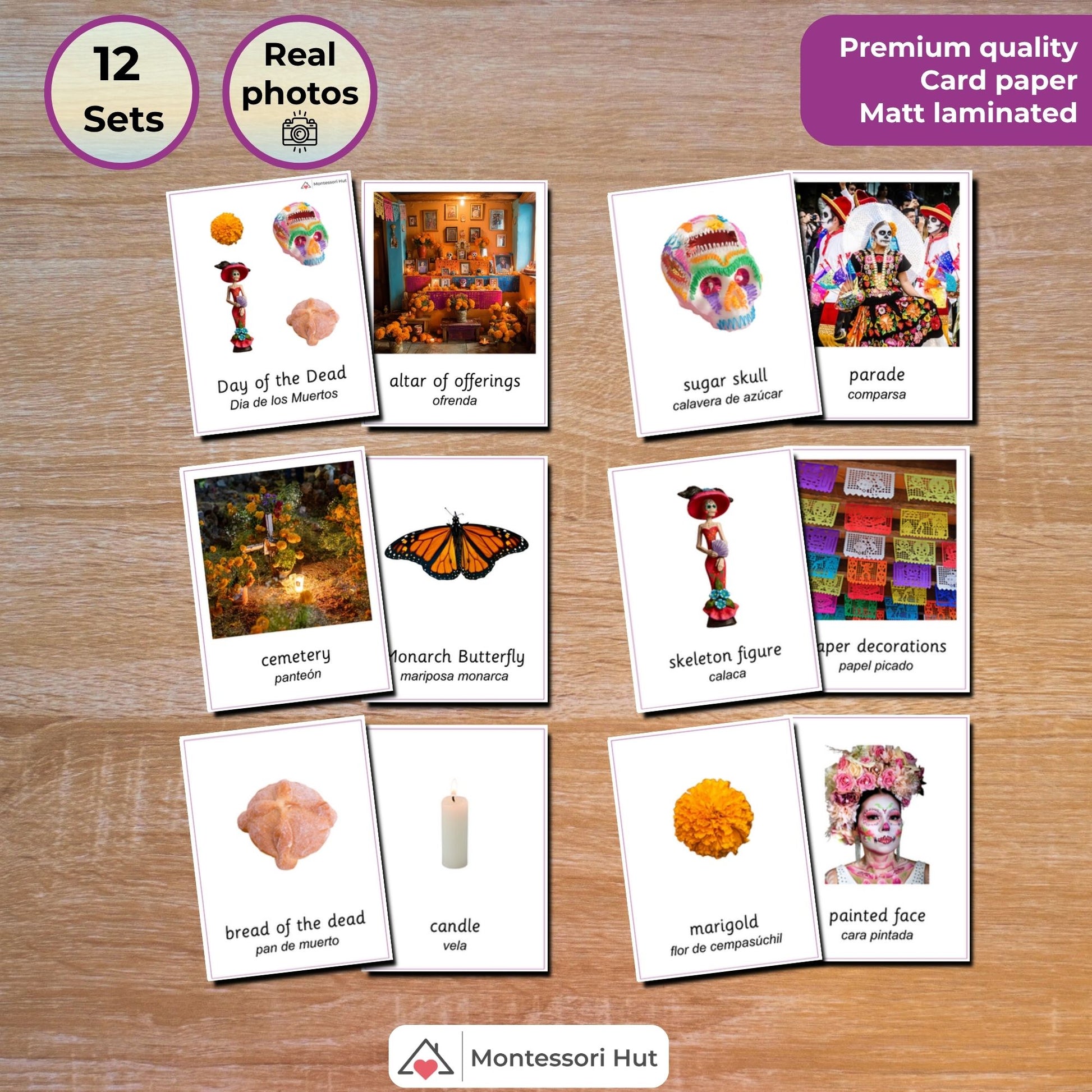 Set of educational cards on a wooden surface with Montessori Hut branding.