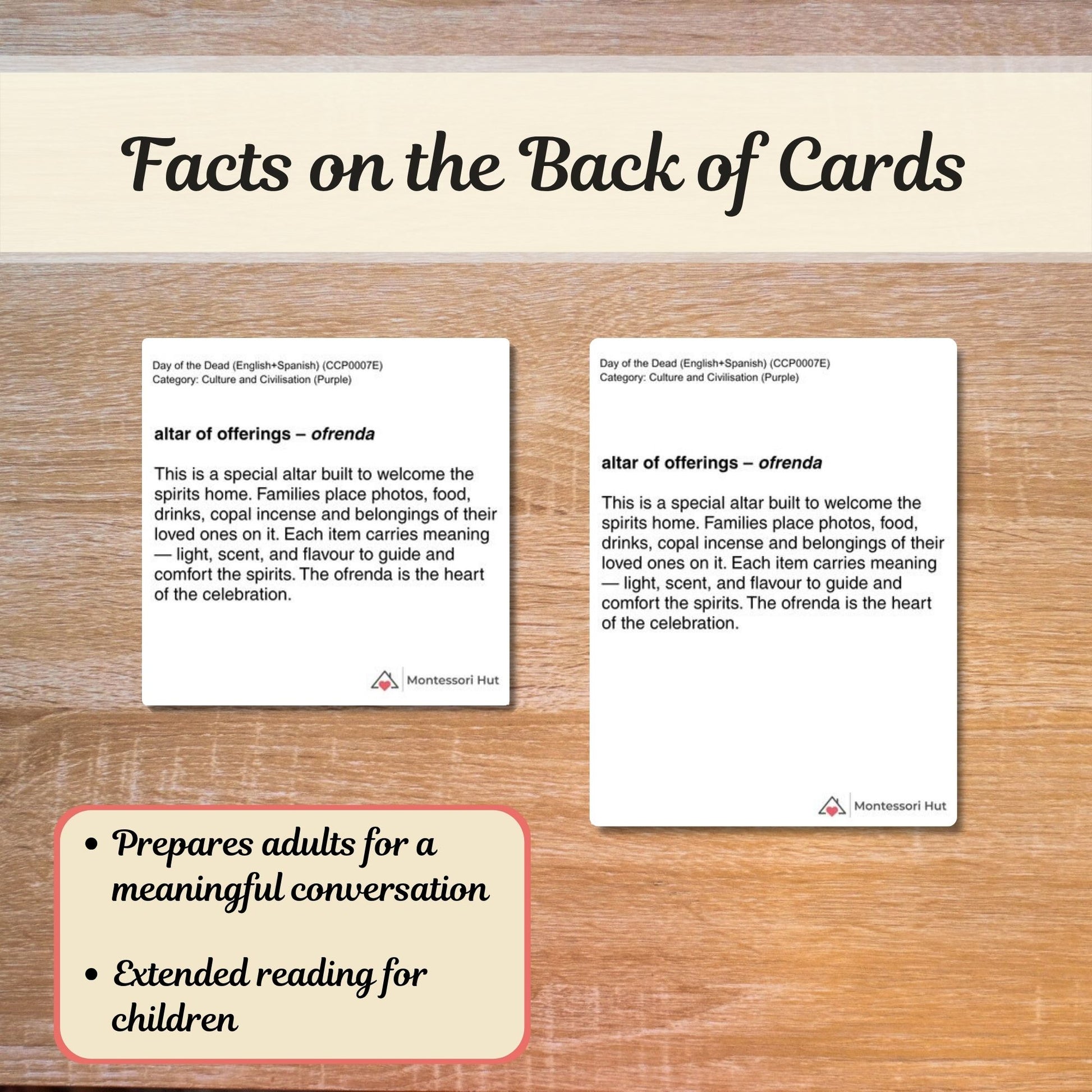 Two cards with text on a wooden surface, featuring information about 'altar of offerings' and educational benefits.