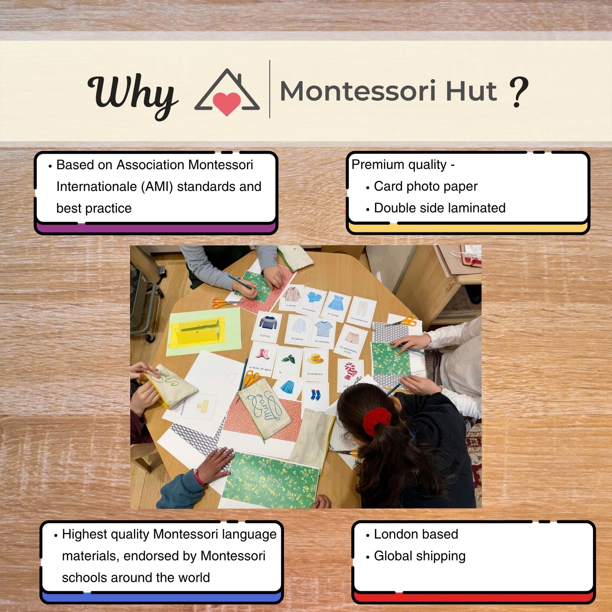 Montessori educational materials on a table with promotional text about Montessori Hut.