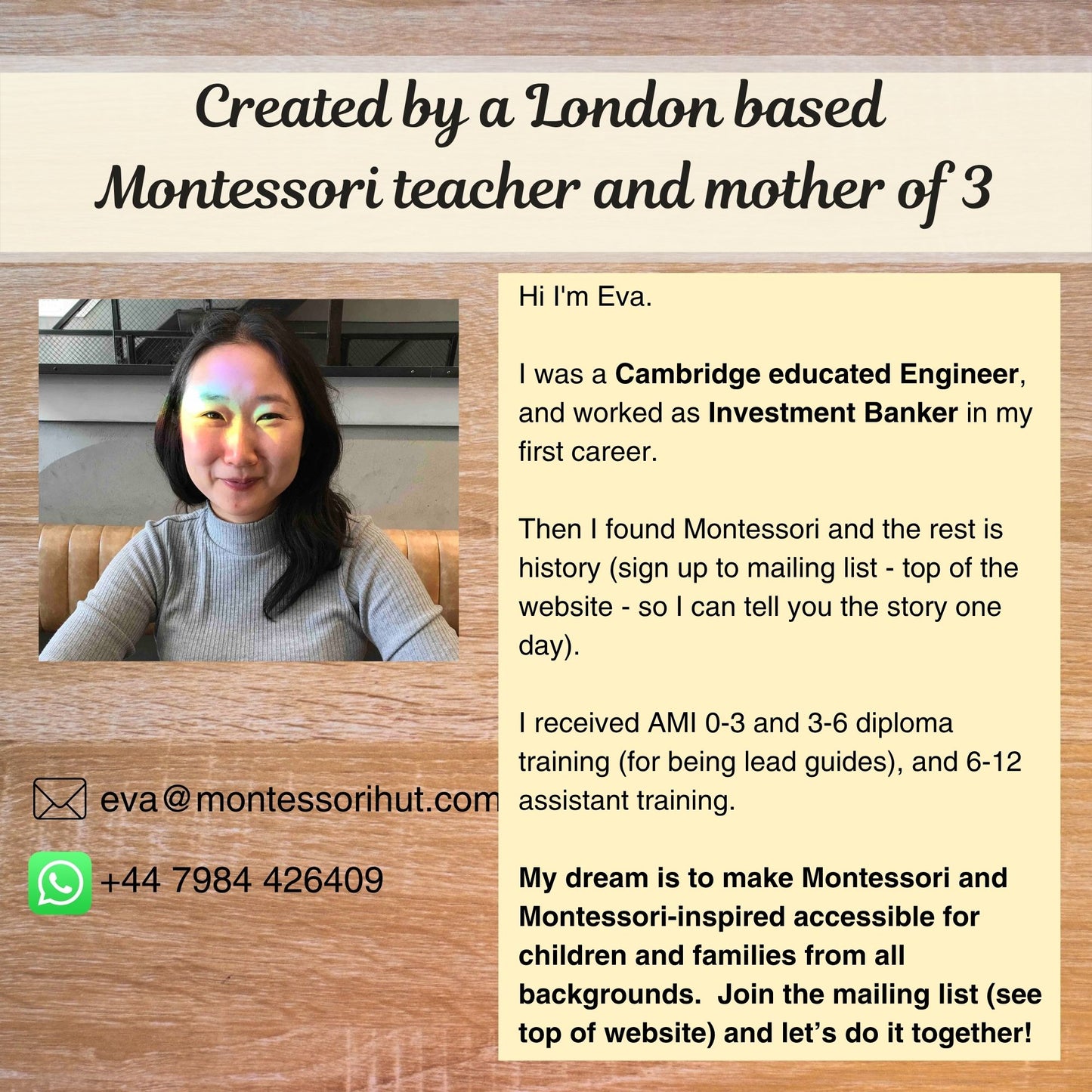 Promotional graphic for a Montessori teacher with contact information and a brief bio.