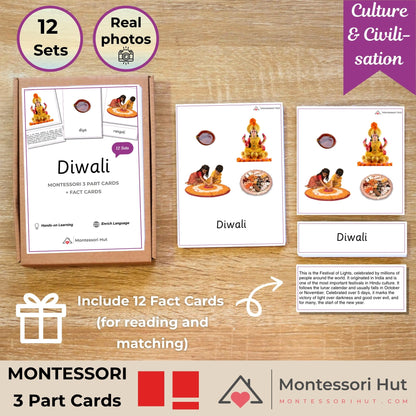Diwali 3 part cards in their box, with fact cards for reading and matching