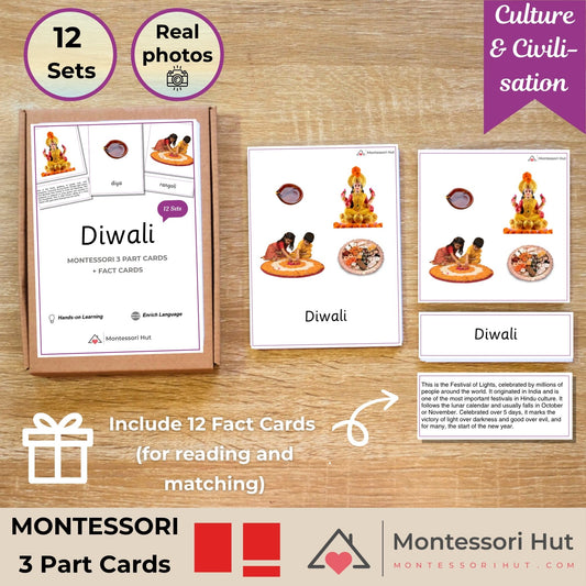 Diwali Celebrations - Handmade Premium Montessori 3 Part Cards - 12 Sets
