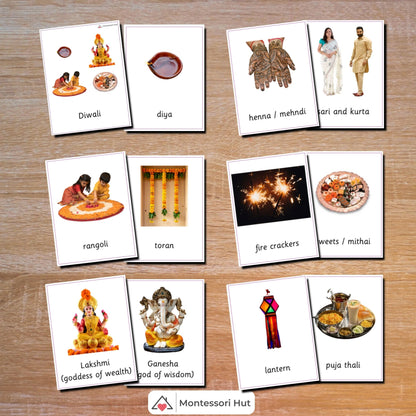 Diwali celebrations picture cards laid out, including diya, rangoli and sweets