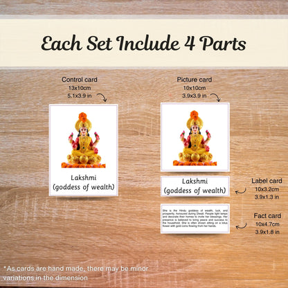 Each set includes 4 parts: control card, picture card, label and fact card, shown with Lakshmi