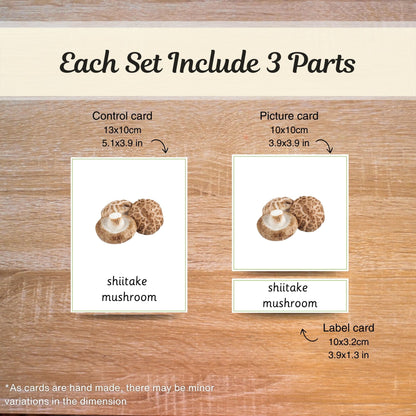 Edible Mushrooms Autumn Language Activities - Handmade Premium Montessori 3 Part Cards - 12 Sets