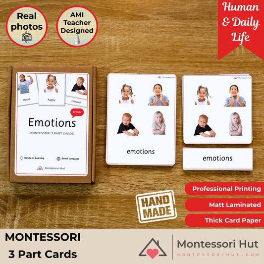 Emotions Handmade Premium Montessori 3 Part Cards - Building Emotional Intelligence and Vocabulary - 12 Sets