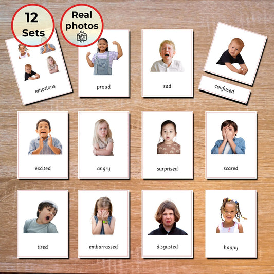 Emotions Handmade Premium Montessori 3 Part Cards - Building Emotional Intelligence and Vocabulary - 12 Sets
