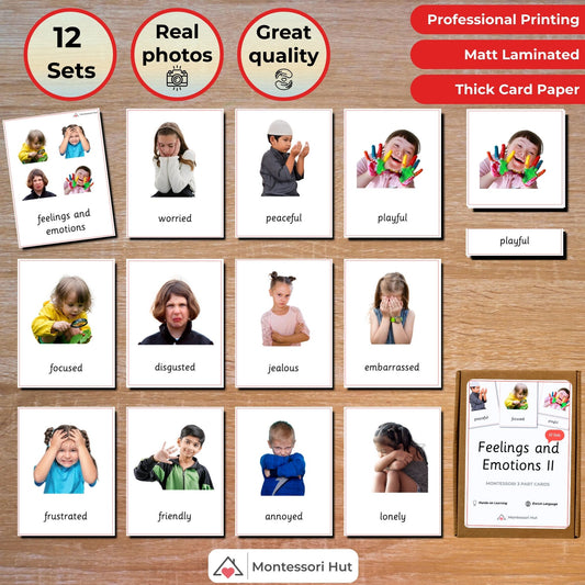 Feelings and Emotions II (For Older Children) Handmade Premium Montessori 3 Part Cards - Building Emotional Intelligence and Vocabulary - 12 Sets