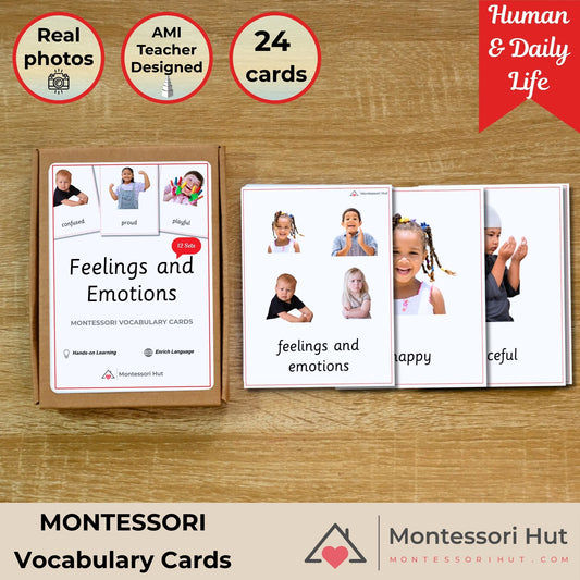 Feelings and Emotions Vocabulary Cards | Flash Cards | Handmade Premium Montessori 3 Part Cards - Building Emotional Intelligence and Vocabulary - 24 Cards