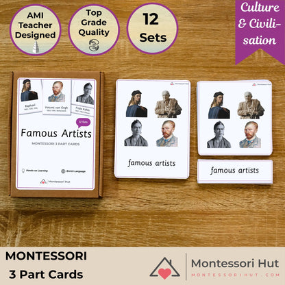 Famous Artists - From Renaissance to Cubism - Handmade Premium Montessori 3 Part Cards - 12 Sets