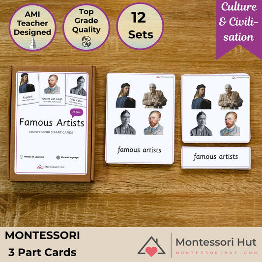 Famous Artists - From Renaissance to Cubism - Handmade Premium Montessori 3 Part Cards - 12 Sets