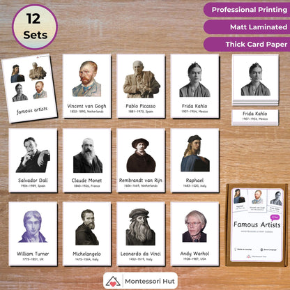 Famous Artists - From Renaissance to Cubism - Handmade Premium Montessori 3 Part Cards - 12 Sets